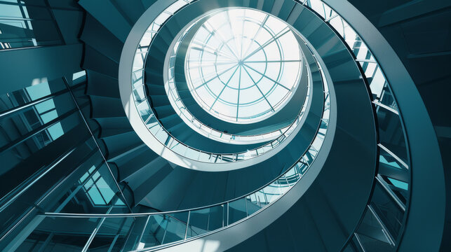 A stunning spiral staircase with sleek modern design, captured from below, showcasing circular patterns and a bright skylight at the top.