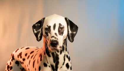 Majestic dalmatian dog standing against a blue backdrop