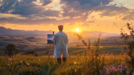 Fototapeta premium Sunset Serenade Inspiring Artist Painting Outdoors in Golden Light