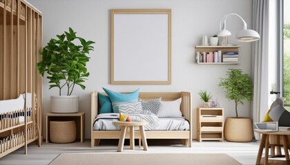 Fototapeta premium Mock up frame in children room with natural wooden furniture, 3D render 