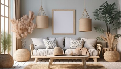 Mockup frame in interior background, room in light pastel colors, Scandi-Boho style, 3d render 