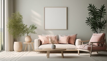 Mockup frame in interior background, room in light pastel colors, 3d render 