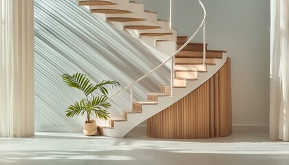 Modern minimalist interior with circular stairs and palm shadow