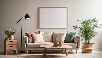 Poster frame mock-up in home interior background with sofa, table and decor in living room, 3d render 