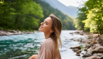 Fototapeta premium Radiant young woman enjoying nature by the riverside