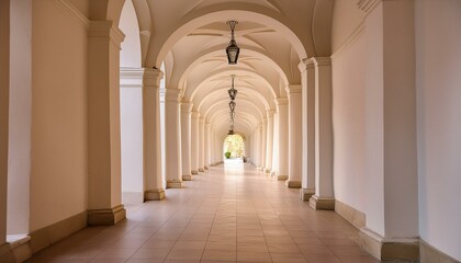 Obraz premium Serene hallway of an elegant classical architecture with arched columns