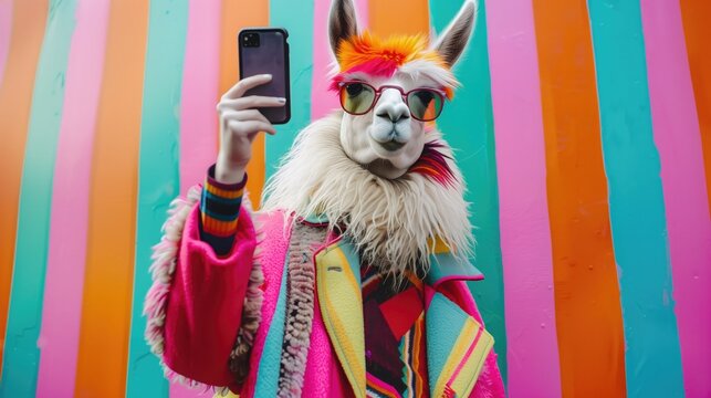 Gorgeous fashionable cute llama in colorful ethnic coat and sunglasses takes selfies against a colorful striped wall