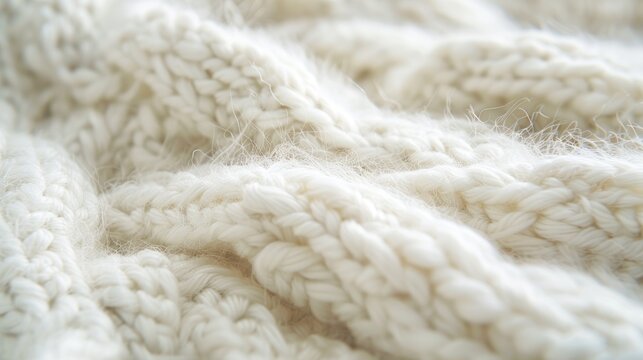 Close up shot of white knitted wool with an uneven single colored and natural pattern