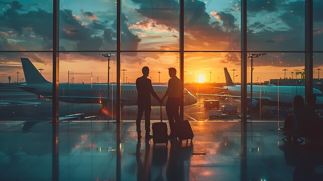 A heartfelt handshake between two friends saying goodbye at an airport departure gate, with planes visible through the large windows and a busy terminal in the background. --ar 16:9 --v 6.