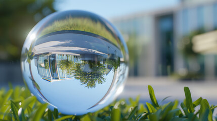 A crystal ball placed on green foliage reflects an upside-down view of buildings, conveying a surreal and imaginative urban perspective.