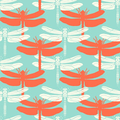 Seamless vector pattern with beige and orange dragonfly on a green background. Endless ornament with insect.