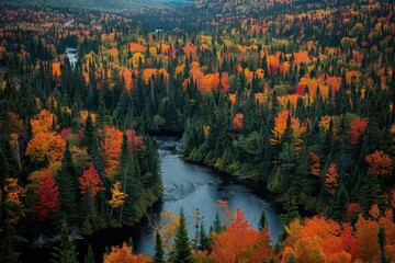 Capture an aerial view of a serene, lush forest with winding rivers, showcasing vibrant, multicolored foliage in autumn