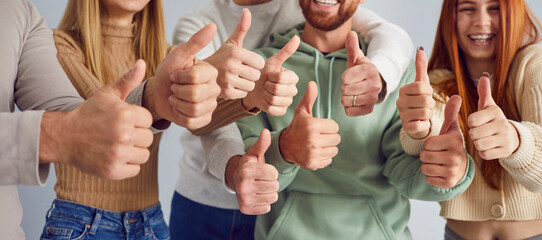 Group of happy satisfied male and female customers sharing positive feedback. Five cheerful joyful young people giving thumbs up all together. Hands close up. Satisfaction concept. Banner background