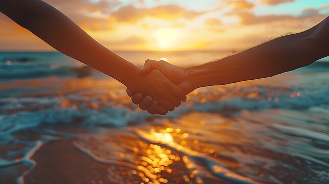 A parting handshake between two friends on a beach at sunset, with the ocean waves, sandy shore, and warm, golden light creating a touching farewell scene. --ar 16:9 --v 6.0 --s 250 --style raw