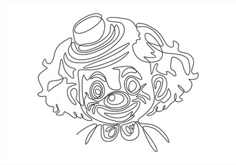 Single one line drawing of the face of a male clown wearing a circus hat with a cheerful smile that is very characteristic. Circus show. Modern continuous line draw design graphic vector illustration.