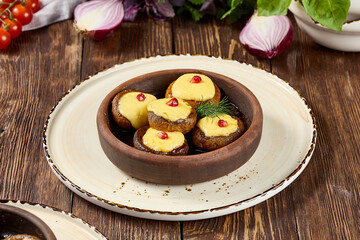 Baked Mushrooms with Cheese on Traditional Ketsi Plate - Authentic Cuisine Dish