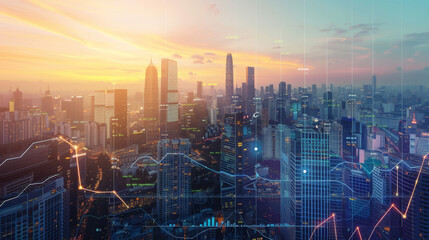 A cityscape at dusk portrays illuminated skyscrapers against a colorful sky, with overlaid financial graphs showing market trends and data.
