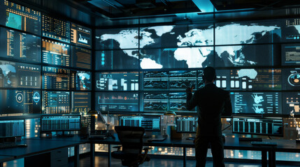 A professional monitoring an elaborate network operations center studded with digital maps, data charts, and multiple screens, showcasing technological and analytical mastery.