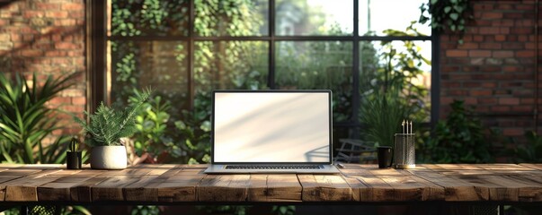 Wooden table with a laptop mockup in a modern home office, green plants and window in the background