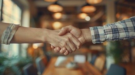 A celebratory handshake between a CEO and a new hire in a stylish office, with the employment contract and company-branded items visible, signifying the start of a new professional journey.