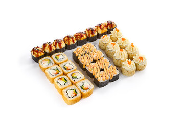 Assorted Sushi Set with Baked, Tempura, and Spicy Rolls on White Background