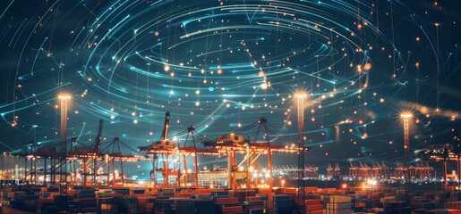 Nighttime Symphony Mesmerizing Star Trails Dance Above a Bustling Shipping Port with Majestic Cranes Industrial Beauty and Celestial Wonder in Harmony