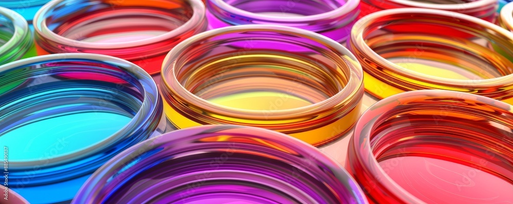 Fototapete Abstract background with colorful circles and shapes, vibrant colors, 3d rendering illustration of abstract pattern made from round plastic coins