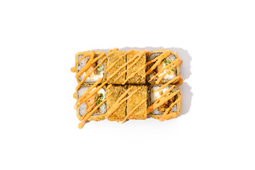 Hot Tempura Roll with Salmon and Spicy Sauce on White Background