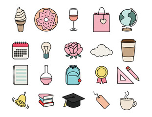 Office and Studies Icon Set with Monthly Calendar, Pages, Donut, Ice Cream, Coffee, Wine, Shopping Bag, Globe, Light Bulb, Flower, Cloud, Coffee, Chemistry, Bag pack, Medal, Bell, Books, Label and Tea
