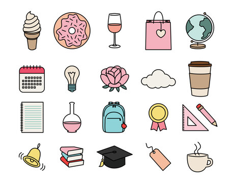 Office and Studies Icon Set with Monthly Calendar, Pages, Donut, Ice Cream, Coffee, Wine, Shopping Bag, Globe, Light Bulb, Flower, Cloud, Coffee, Chemistry, Bag pack, Medal, Bell, Books, Label and Tea