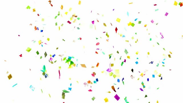 Animation of colorful multi color Confetti Particles falling over white background. Fun party decoration. Isolated holiday carnival decor.