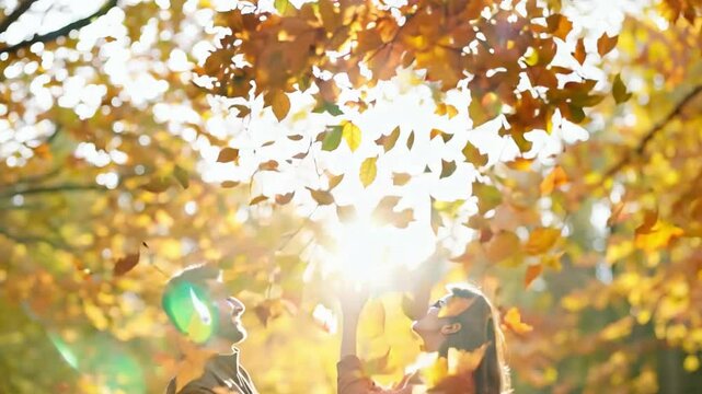 In autumn, a happy couple in the forest, flinging leaves into the air
