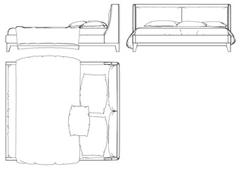 Vector Line Art of Bed. Interior Design and Bedroom Decoration Concepts with Front, Side, and Top Views