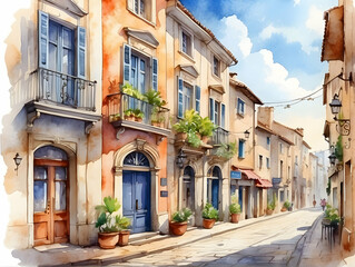 Obraz premium Sunny Mediterranean street with colorful buildings