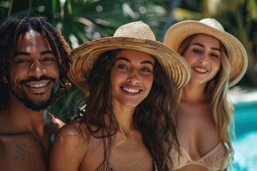 Group of three friends enjoying a sunny day by the pool, smiling and wearing straw hats, depicting a fun and relaxed summer vibe amid a tropical setting.