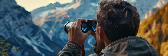 Fototapeta premium Man looking through binoculars, naturalist, spy, wildlife observation outdoors on sunny day