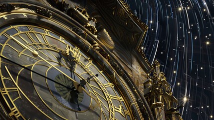 Obraz premium Timeless Harmony Antique Clock Face with Celestial Star Trails Capturing the Synchronicity of Time