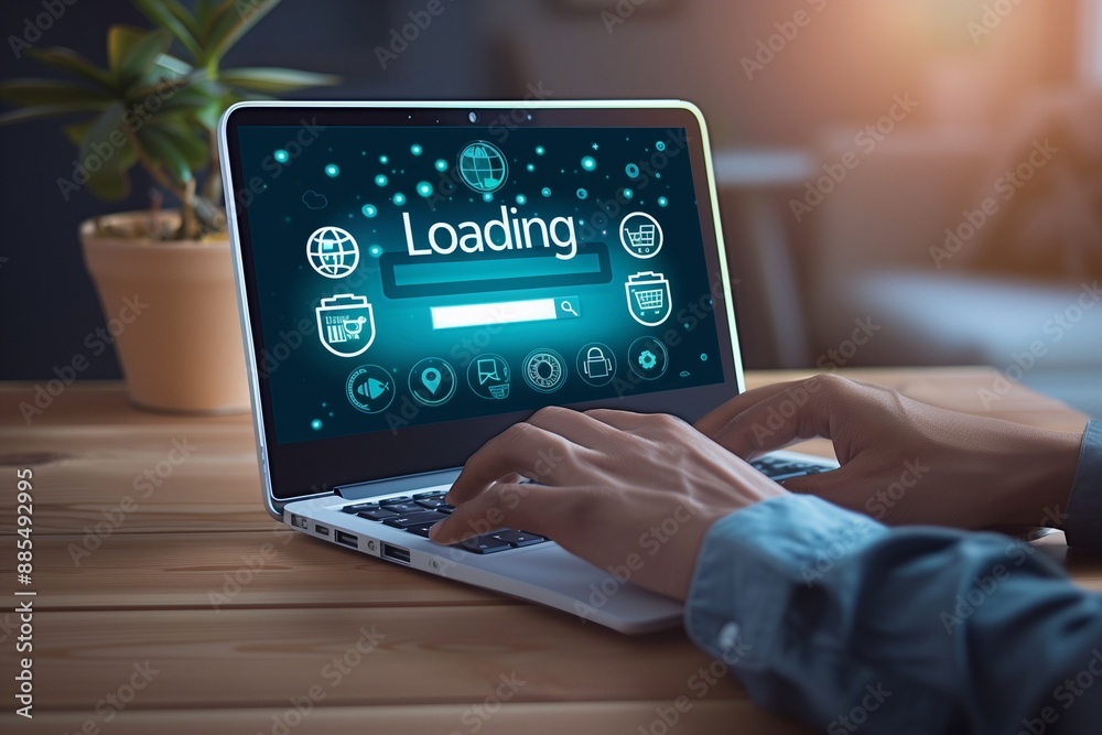 Wall mural detailed display of loading icon on laptop with search tools and web design.
