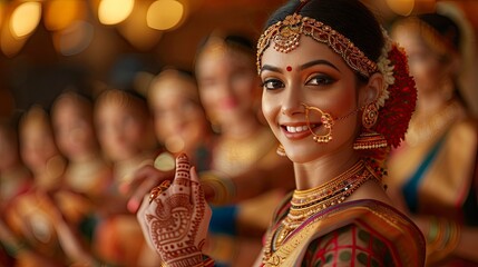 A group of women in vibrant traditional attire, adorned with intricate jewelry, performing a classical Indian dance at a cultural festival with ornate decorations in the background