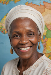 Portrait view of a regular happy smiling Africa old woman, ultra realistic, candid, social media, avatar image, plain solid background