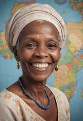 Portrait view of a regular happy smiling Africa old woman, ultra realistic, candid, social media, avatar image, plain solid background