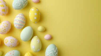Minimalist Easter theme with decorated eggs on yellow backdrop top view