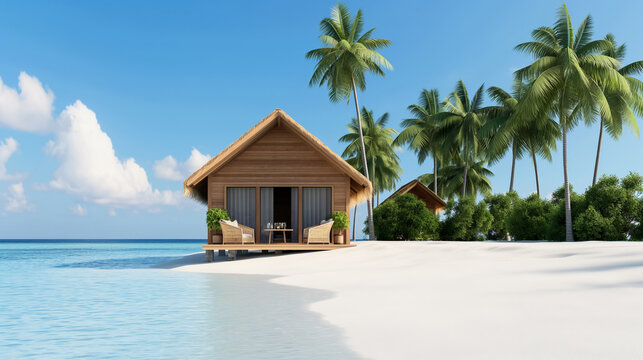 a beach hut tropical style small home with outdoor seating and table on the sand of an island 