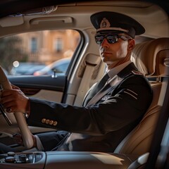Professional driver, private chauffeur in luxury car, chauffeur service, man in uniform, auto rental