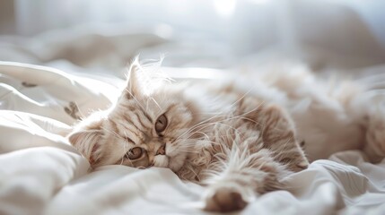 Obraz premium Persian cat resting on the bed in natural light