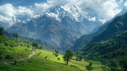 Fototapeta premium The majestic Himalayas as seen from Himachal Pradesh, with snow-capped peaks, lush green valleys, and a group of trekkers making their way through the scenic landscape