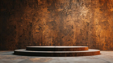 3D podium on a bronze background rich and warm with a weathered antique look 
