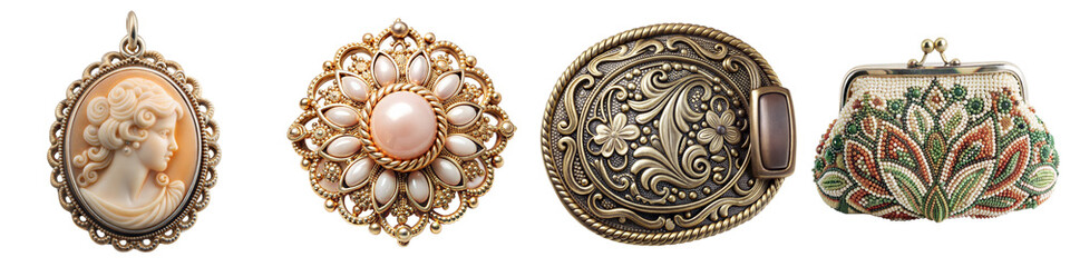Vintage Jewelry and Purse Collection on Transparent Background