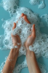 Fototapeta premium Soapy hands on a light blue background, foamy bubbles, clean and fresh, high detail