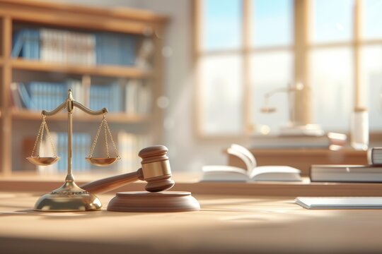 Golden scales of justice standing on judge desk in sunny law office - Powered by Adobe